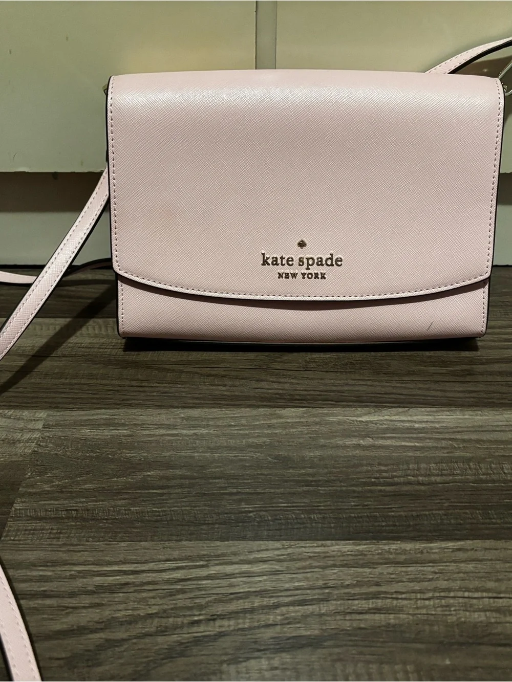 kate spade blush pink leather crossbody bag with gold logo